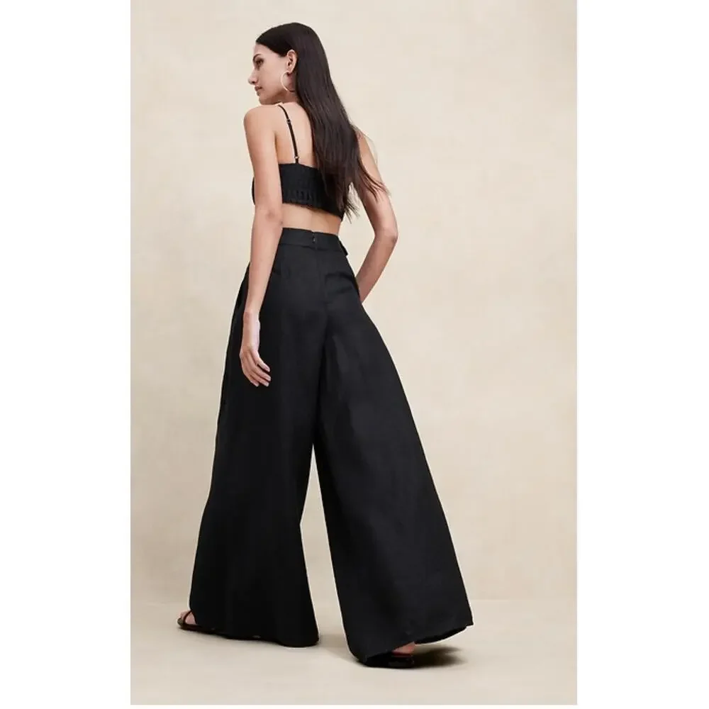 Banana Republic Lina Black Linen Hi Waisted Wide-Leg Pant Minimalist Sz 16 Chic